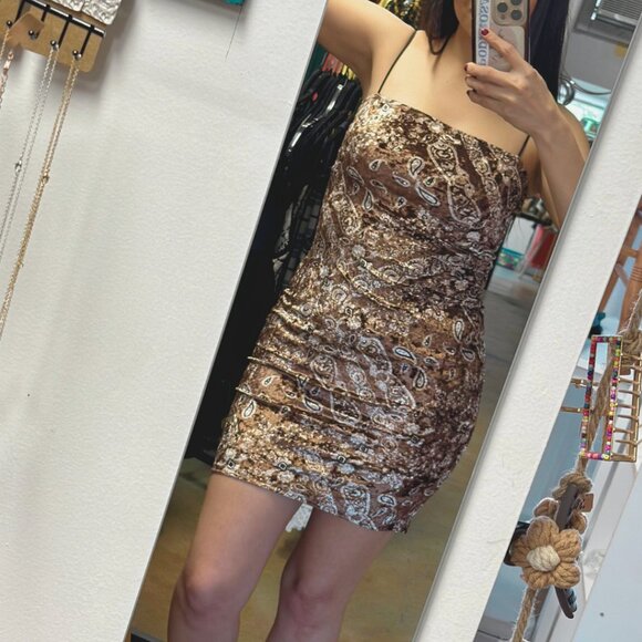Brown Paisley Velvet Mini Dress - Picture 3 of 7